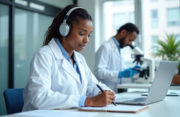 African woman scientist in white lab coat takes notes on clipboard, uses laptop. Wears headphones, writes report for medical research. Young man works with microscope, conducts analysis. Diverse