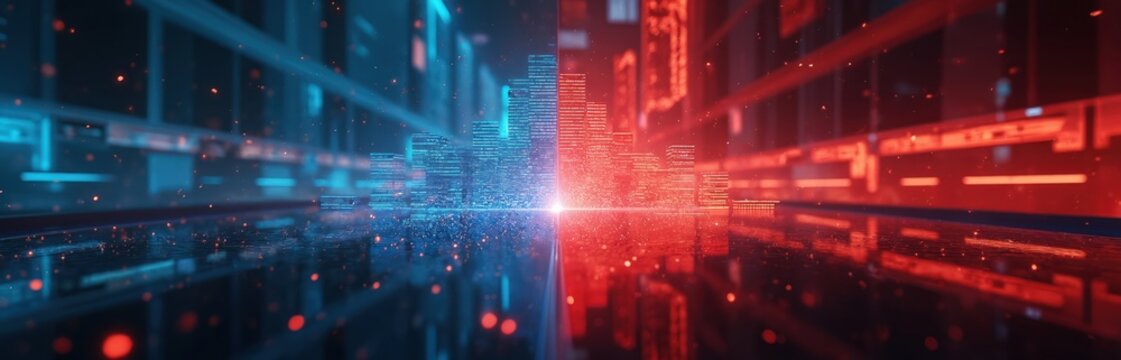 Abstract digital cityscape with blue, red neon lights. Futuristic buildings rise from reflective ground, data particles float in atmosphere. Dynamic grid pattern creates sense of cyberspace advanced