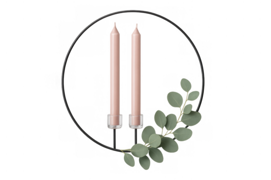 Pink taper candles with eucalyptus branch wreath accent isolated on transparent background for home decor