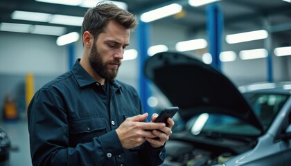 Bearded mechanic man uses modern smartphone gadget in auto repair service garage. Looks at mobile phone screen, thinking about complex car diagnostic issue. Pro guy solves technical problem, types on