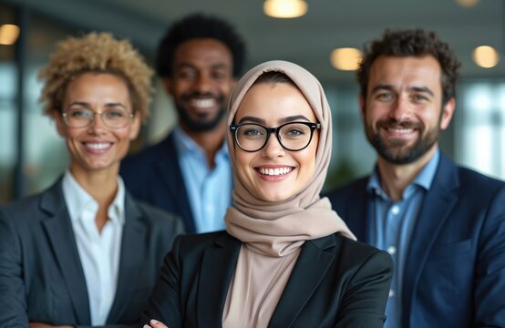 Diverse business team stands together in modern office. Group of multi ethnic colleagues smile, look at camera. Muslim woman, African American man, Caucasian, Hispanic women represent global