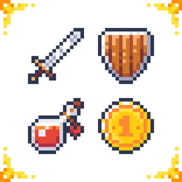 A set of pixel art icons of a basic warrior or adventurer set for an RPG game. Perfect for a 2D RPG game. 16x16 pixels.
