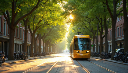 Fototapeta premium Bright sunlight illuminates clean city street with modern yellow tram. Green trees line road, shading classic brick buildings. Many bicycles park along sidewalks. Scene shows sustainable urban