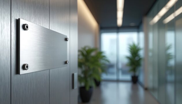Modern office hallway with brushed metal nameplate mounted on wooden door. Interior space features plants, glass walls, ceiling lights. Professional, clean, minimalist design for corporate settings.