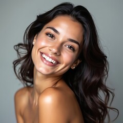 Obraz premium Attractive young woman with beautiful dark wavy hair, glowing skin smiles brightly. Wears pearl earrings, posing indoors against plain grey backdrop, exuding confidence, natural beauty. Healthy