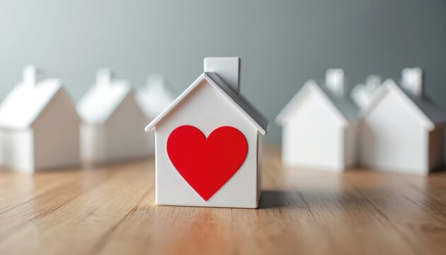 Miniature houses on wooden surface. One white house has big red heart on facade. Symbol of love, choice dream home, real estate and properties.