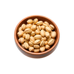 Photo of wooden bowl filled with pistachios isolated on transparent background