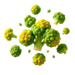 Photo of broccoli heads floating in mid-air isolated on transparent background