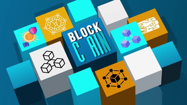 Concept of blockchain With Icons In 3D Cubes Animation