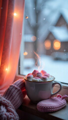 Steaming Mug on Snowy Windowsill with Pink Winter Accessories and Glowing Lights