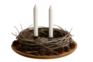 Advent wreath with white candles, natural rustic nesting, cinnamon sticks, and festive decorations on transparent background
