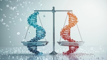 A balanced scale displays blue and orange DNA strands, symbolizing genetic equilibrium and scientific innovation.