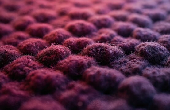 Close up of burgundy rug texture with fuzzy raised loops. Soft textile surface creates warm cozy feel perfect for home decor. Rich plush material.