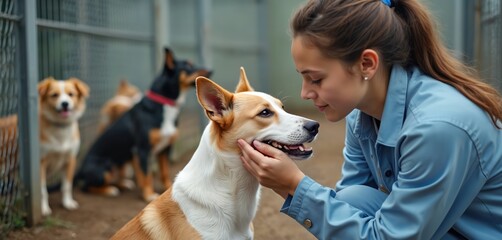 Young woman interacts with rescued dog at animal shelter. Gently pets happy canine, showing love, comfort. Dogs wait behind fence, hoping for adoption. Scene shows care for homeless pets.