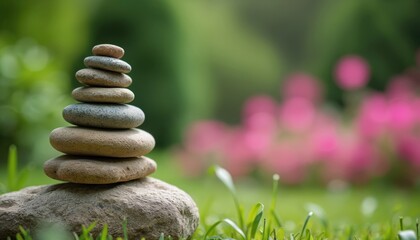 Obraz premium Stack of smooth river stones balanced on a larger rock in lush green grass. Out of focus pink flowers and foliage in background. Serene nature scene suggesting harmony and balance.