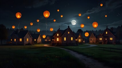 Halloween pumpkin balloons while trick-or-treating under starry skies and flying bats.