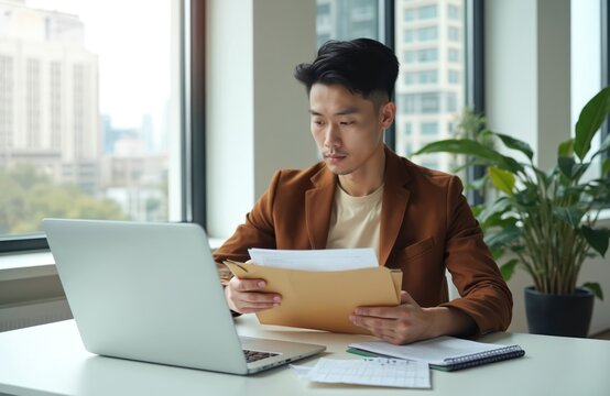 Young Asian man in brown jacket looks at papers in manila folder. He sits at desk with laptop in modern office, reviewing documents. He receives mail delivery at his workplace.
