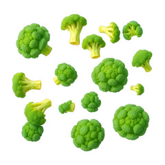 Photo of broccoli heads floating in mid-air isolated on transparent background