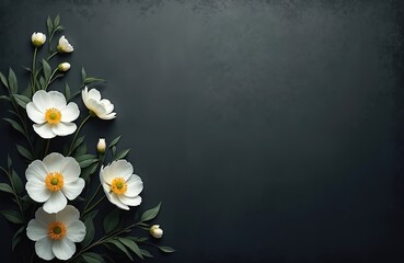 White flowers with yellow centers, green leaves frame dark gray textured background. Elegant floral arrangement perfect for funeral announcements, memorial services condolence cards. Somber backdrop