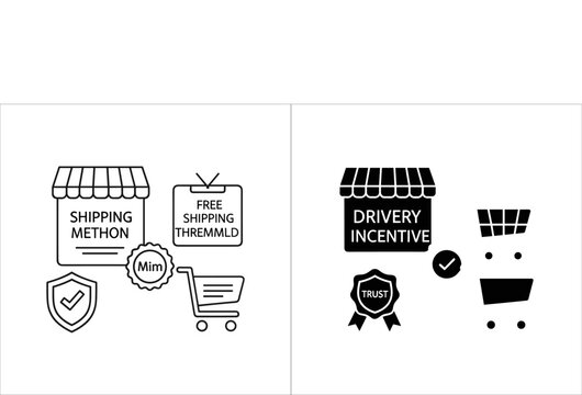Shipping methods and delivery incentives icons, including shopping cart, store, and trust badge