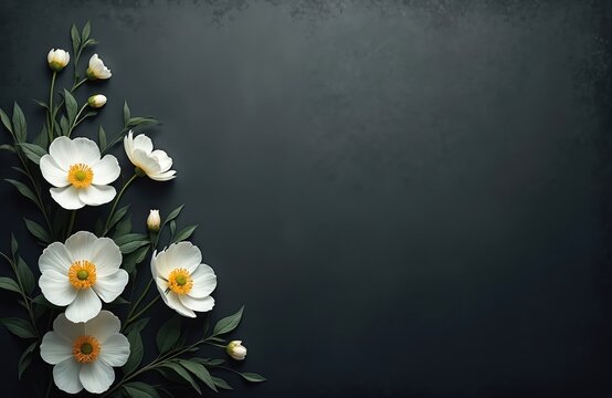 White flowers with yellow centers, green leaves frame dark gray textured background. Elegant floral arrangement perfect for funeral announcements, memorial services condolence cards. Somber backdrop