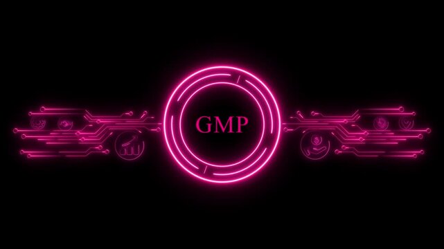 Neon GMP logo with circuit board and icons technology . Neon business, Technology and network concept.