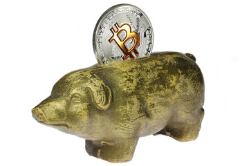 antique piggy bank with Bitcoin coin isolated on white background