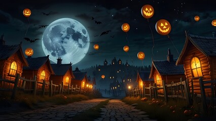 A spooky Halloween night with glowing pumpkin-shaped balloons floating above a haunted village, lit by a full moon.