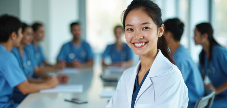 Young asian doctor smiles in lab coat, other medical staff in blue scrubs sit at table in background. Teamwork, collaboration, healthcare meeting, diverse hospital professionals planning.