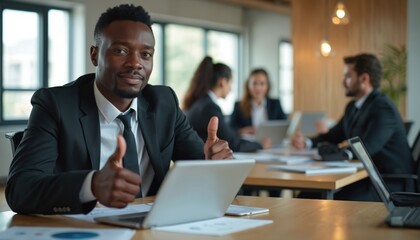 African businessman smiles, gives thumbs up at corporate meeting. Sits at modern workspace desk with laptop, papers. Diverse multiracial team works in background showing pro collaboration, business