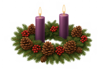 Advent wreath with two burning purple candles, pine cones, and red berries, symbolizing hope and peace, transparent background