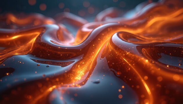 Abstract fluid background dark blue, bright orange wave shapes. Shiny liquid surface reflects glow, showing sparks. Dynamic energy texture, modern tech design. Digital art features smooth flowing