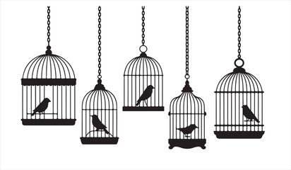 Minimal vector of songbirds perched in classic decorative cages