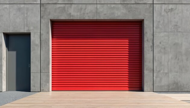Red roller shutter closed on modern grey concrete building wall. Sunlight creates hard shadows on metal gate. Dark grey door next to. Wooden planks form floor in front of secure industrial storage - Powered by Adobe