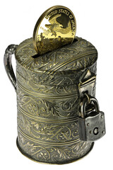 vintage coin bank with 1 ounce American gold eagle bullion coin isolated on white background