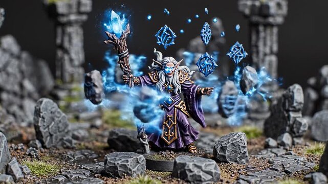 Epic Miniature Wizard Casting Spells in Ancient Ruins Diorama.