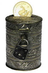vintage coin bank with South African 1 ounce gold bullion coin isolated on white background