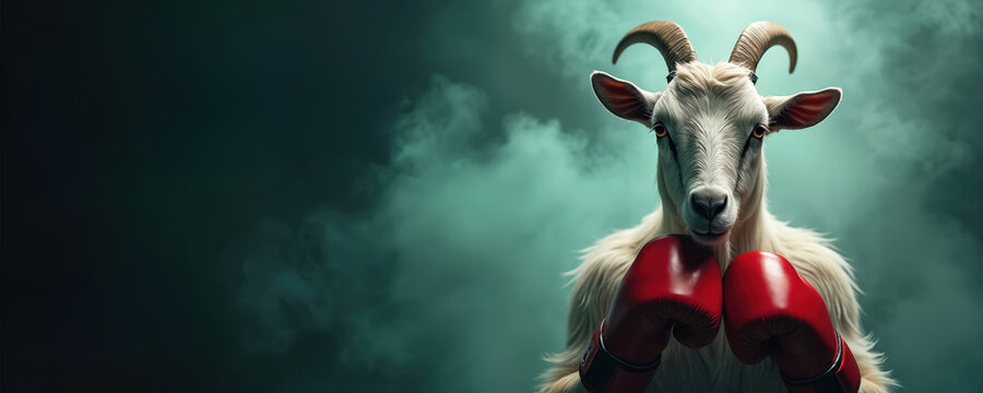 White goat wears red boxing gloves. Animal stands ready to fight in dramatic smoky background with copy space. Image strength, ambition, success, champion, greatest of time. Shows fierce