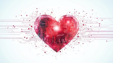 A digital heart symbolizing love and technology with circuits and vibrant colors, representing modern connections.