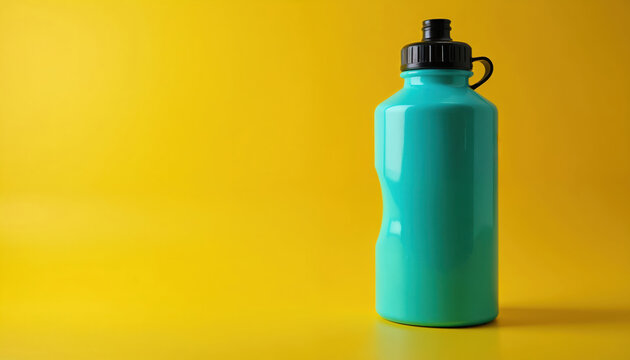 Bright turquoise fitness bottle stands against vivid yellow background. Black cap, ergonomic design. Modern sport accessory helps people stay hydrated during workouts daily activities. Promotes truly