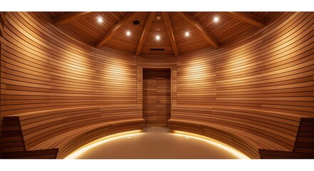 Interior of a modern wooden sauna with curved benches and ambient lighting, creating a serene atmosphere