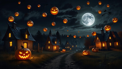 A spooky Halloween night with glowing pumpkin-shaped balloons floating above a haunted village, lit by a full moon.