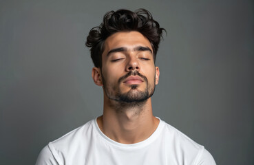Portrait of young man with closed eyes. He has dark hair and beard. Man wears white t-shirt. Grey studio background. Attractive male model with stubble looks confident. He appears relaxed and calm.