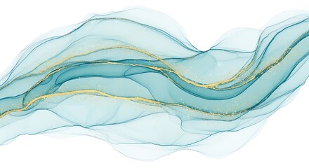 Flowing turquoise and gold abstract wave pattern isolated on white background