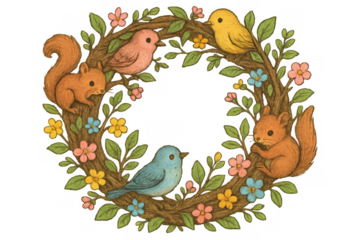 Woodland animal wreath illustration featuring squirrels and birds in spring flowers around a bare branch frame