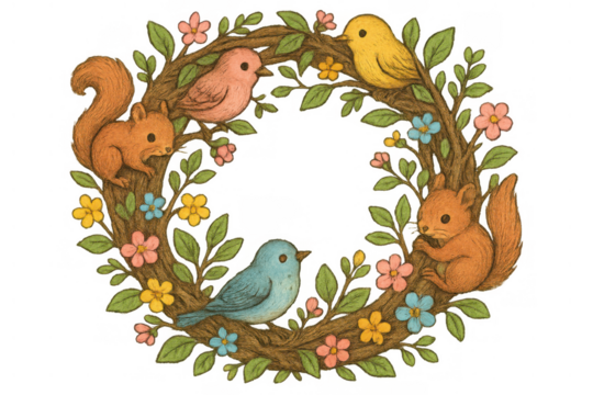 Woodland animal wreath illustration featuring squirrels and birds in spring flowers around a bare branch frame - Powered by Adobe
