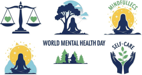 vector designs celebrating World Mental Health Day. illustrations representing emotional balance, mindfulness, self-care. icon, set
