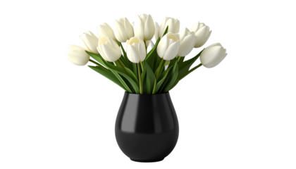 Elegant black vase with fresh white tulips, minimal floral decor symbolizing purity and luxury. Perfect for modern design, branding, or home decor projects.