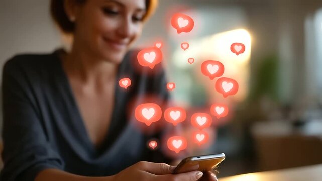 Close-up of a person using a smartphone with floating social media icons likes, hearts, and comments appearing above the screen, symbolizing online engagement and interaction