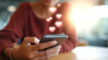 Close-up of a person using a smartphone with floating social media icons likes, hearts, and comments appearing above the screen, symbolizing online engagement and interaction. Warm - Powered by Adobe